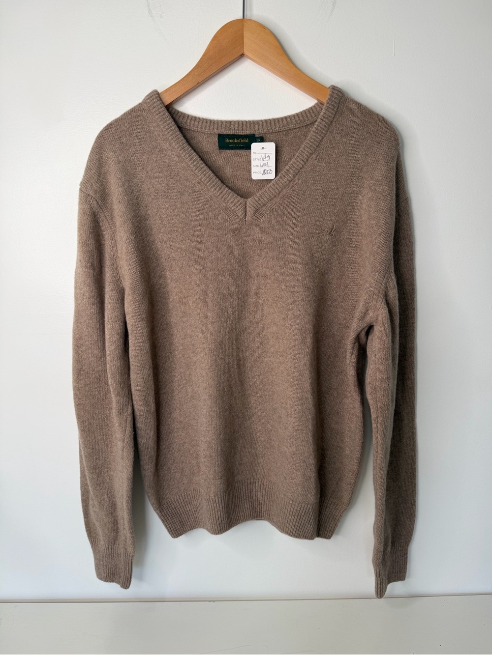 Brookfield Made in Italy Wool V-Neck Sweater Brown Taupe Quiet Luxury Large